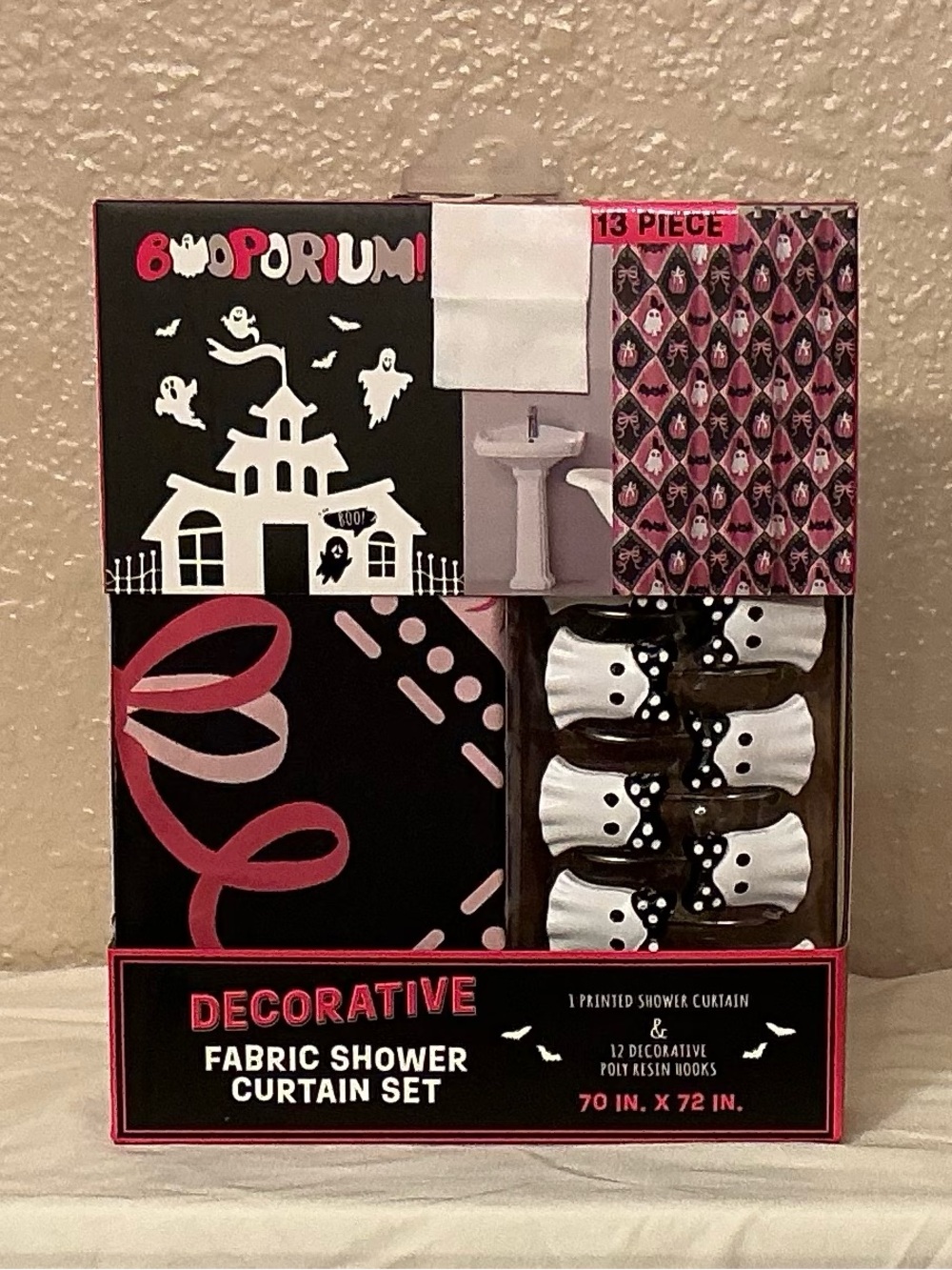 BOO PORIUM Black & Pink Ghost & Pumpkins Shower Curtain Set with Ghost Hooks